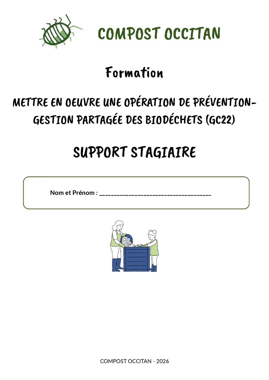Page de garde du support stagiaire remis lors de la formation compostage partagé GC22 de Compost Occitan